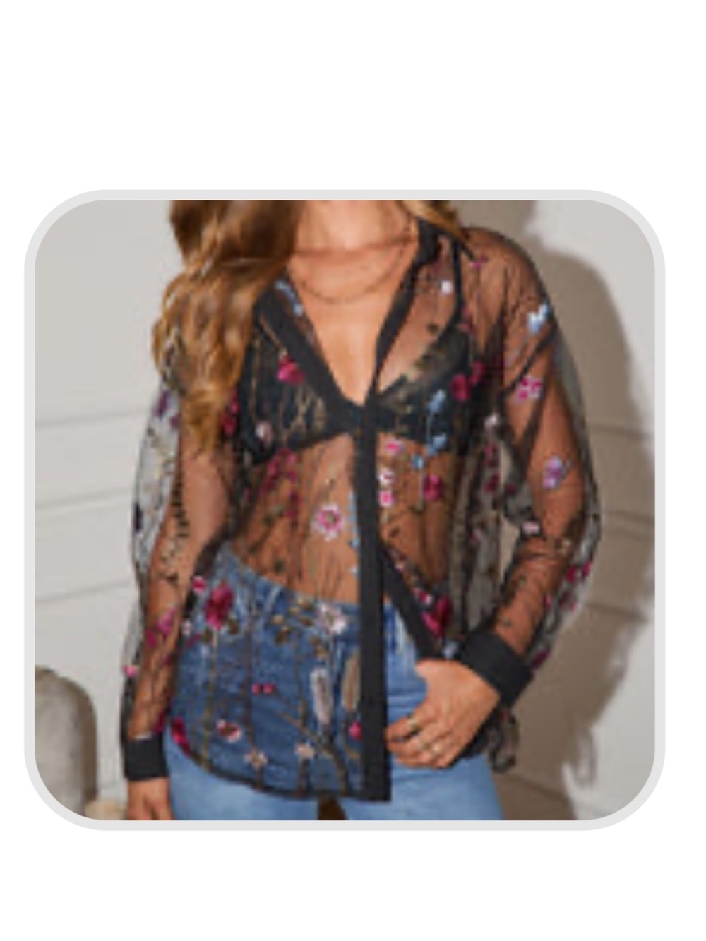 Vici Black Sheer Floral Embroidered Button-Front Blouse